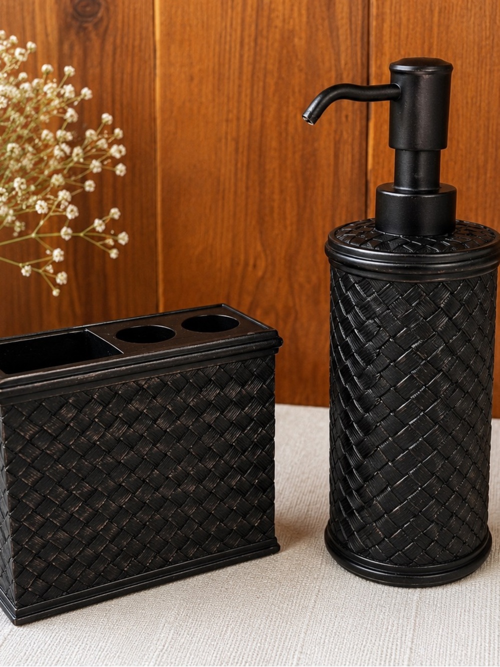 Black Woven Resin Bathroom Accessory Set - Pump Dispenser & Organizer